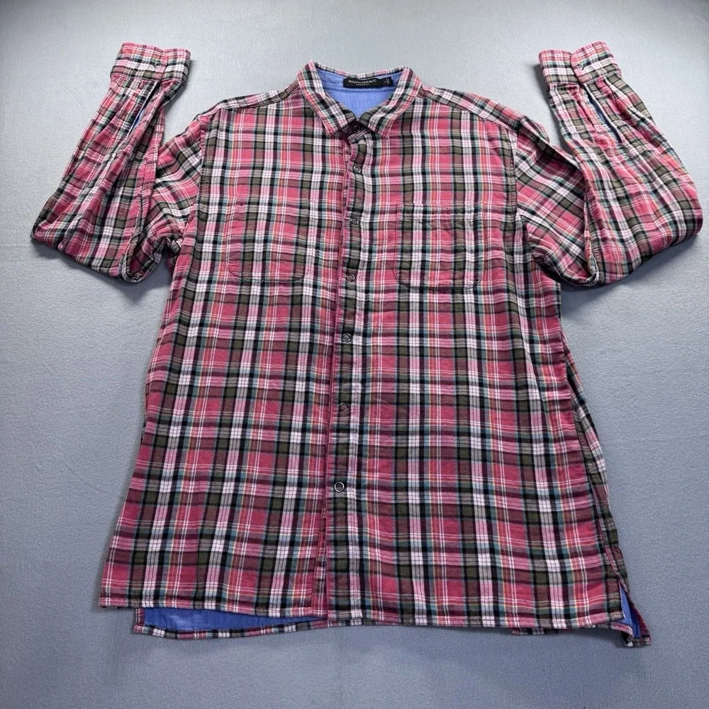 Banana Republic Men's (L) Camden Fit Reversible Snap Shirt Red Plaid/Chambray